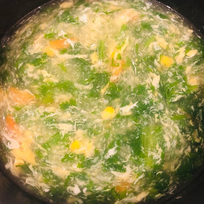 とろとろ野菜スープ♪(コーン・わさび菜・人参・卵)